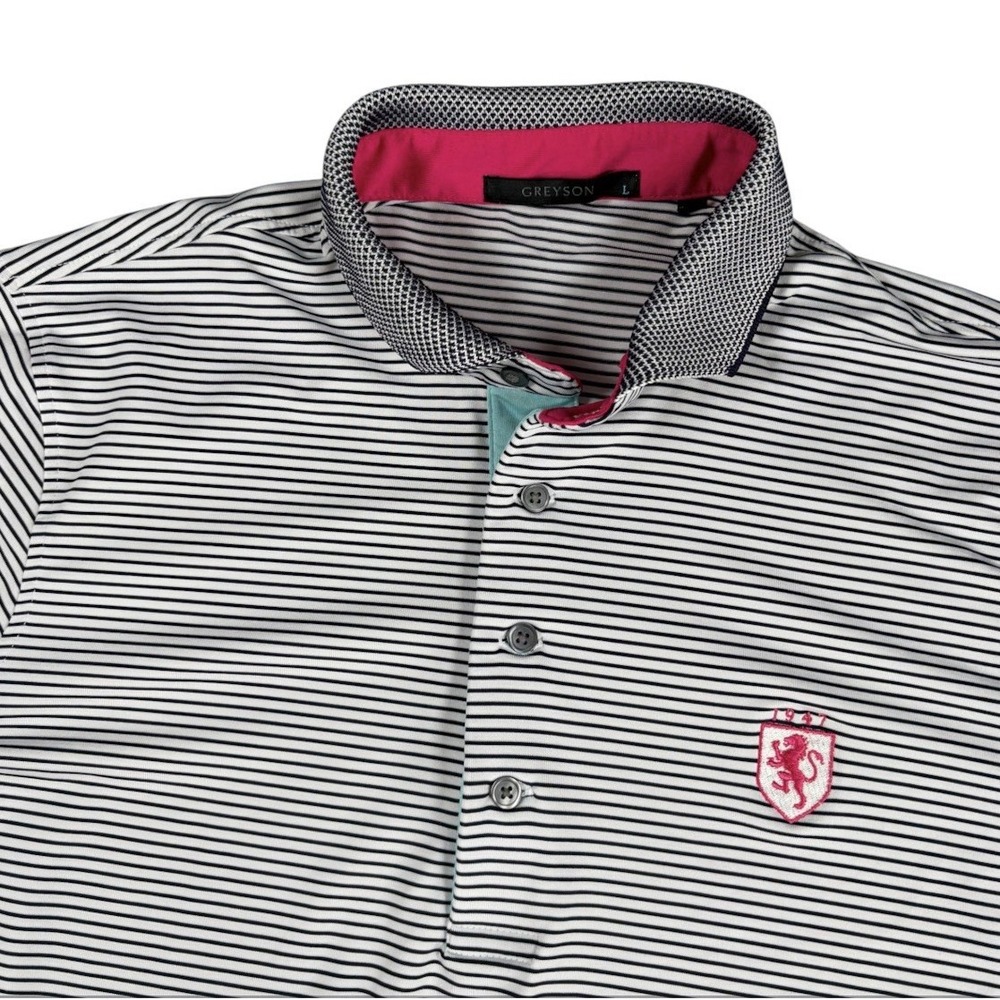 Greyson Mens L Striped Golf Polo Shirt Gray Honeycomb Collar Short Sleeve